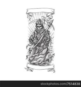 Tattoo style illustration of the grim reaper holding scythe viewed from front with scroll ribbon set on isolated white background. . Grim Reaper Scythe Ribbon Tattoo