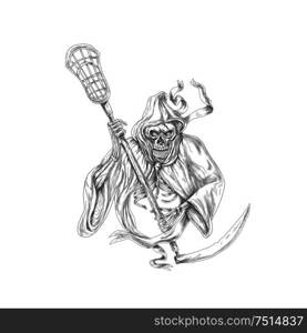 Tattoo style illustration of the grim reaper lacrosse player holding a crosse or lacrosse stick defense pole viewed from front on isolated background. . Grim Reaper Lacrosse Defense Pole Tattoo