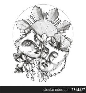 Tattoo style illustration showing a drama theater mask with hibiscus or rose mallow and arabian jasmine, Jasminum sambac or sampaguita and Philippine sun in background.. Drama Mask Hibiscus Sampaguita Flower Philippine Sun Tattoo