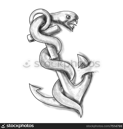 Tattoo style of an asclepius snake curling up on an anchor set on isolated white background. . Asclepius Snake Curling Up on Anchor Tattoo