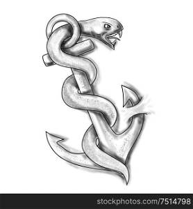 Tattoo style of an asclepius snake curling up on an anchor set on isolated white background. . Asclepius Snake Curling Up on Anchor Tattoo