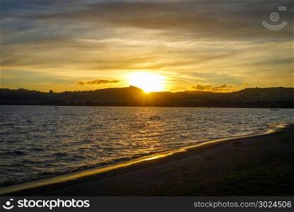 Taupo Lake landscape at sunset, New Zealand. Taupo Lake at sunset, New Zealand