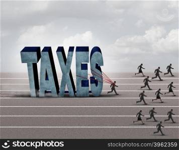 Tax burden business concept as a slow burdened taxpayer pulling a heavy rock shaped as a 3D illustration taxes text as other people run on a path