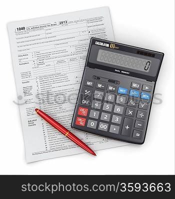 Tax concept. Form with calculator and pen.
