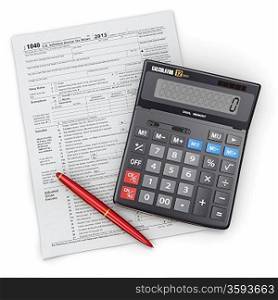 Tax concept. Form with calculator and pen.