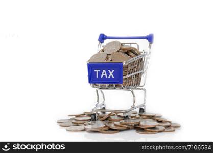 TAX concept with shopping cart with full of coin.