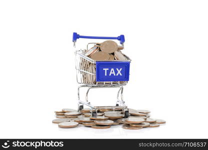 Tax concept with shopping cart with full of coin.