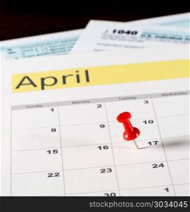 Tax day for 2017 returns is April 17, 2018. Calendar on top of form 1040 income tax form for 2017 showing tax day for filing is April 17 2018. Tax day for 2017 returns is April 17, 2018