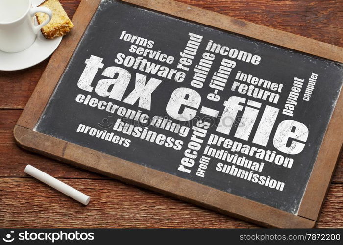 tax electronic filing concept - a word cloud on a vintage slate blackboard with a cup of coffee