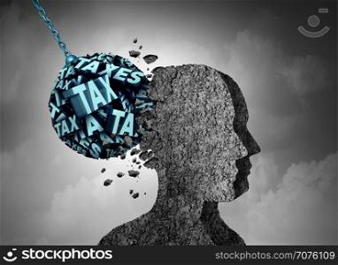 Tax pain and financial fees headache as text shaped as a wrecking ball damaging a human head made of concrete as a financial and business metaphor for budget debt management stress with 3D illustration elements.