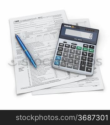 Tax Return 1040, calculator and pencil on white background. 3d