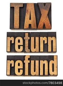 tax, return and refund - financial concept - isolated words in vintage wood type