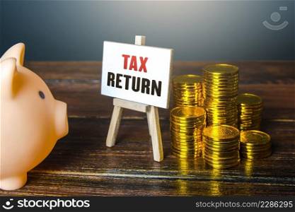Tax return. Piggy bank and coins. Request refunds for the overpayment of taxes. Benefits and educational programs. Replenishment and compensation on some purchases. Economy. Taxation