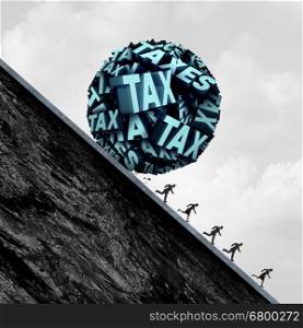 Tax stress concept and taxation stress symbol as a group of text shaped as a ball rolling down a hill towards people as a metaphor for accounting and bookkeeping panic with 3D illustration elements.