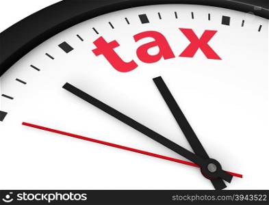 Taxation time conceptual image with a wall clock and tax word printed in red.