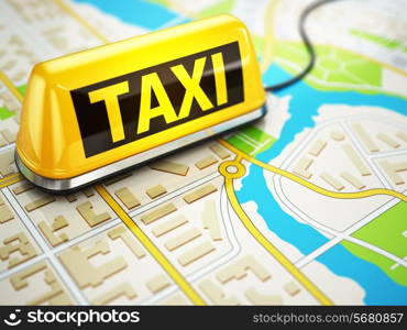 Taxi car sign on the city map. 3d