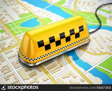 Taxi car sign on the city map. 3d