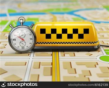 Taxi sign on the city map with stopwatch. Concept of taxi online service. 3d