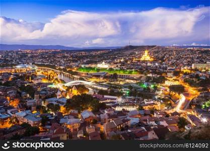 Tbilisi city center night view from the Narikala Fortress in Georgia