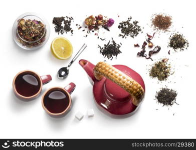 tea accessories on a white background. tea accessories on a white background. View from above