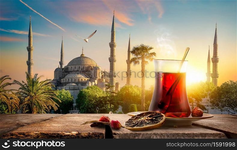 Tea and Blue Mosque and Bosphorus in Istanbul, Turkey