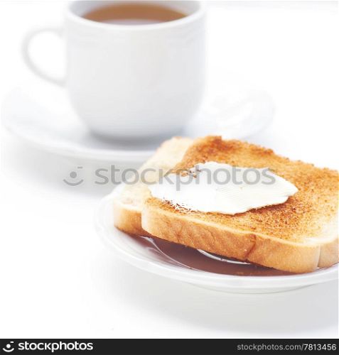 tea and toast with butter isolated on white