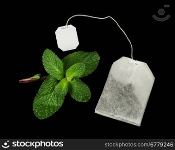 Tea bag and fresh mint black isolated