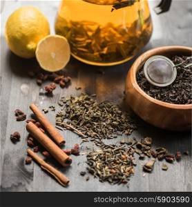 tea composition with cinnamon sticks, lemons