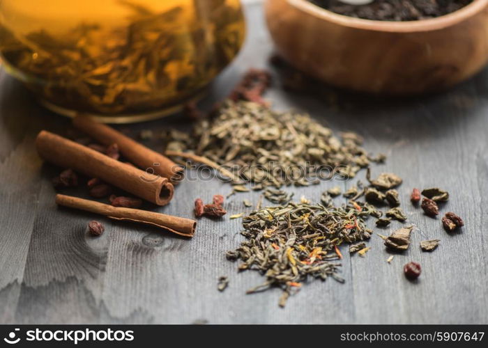 tea composition with cinnamon sticks, lemons