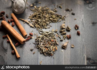 tea composition with cinnamon sticks, lemons