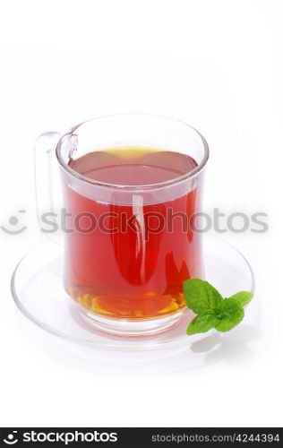 tea in cup with leaf mint