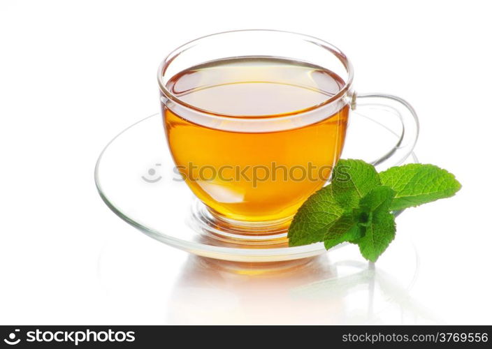 tea in cup with leaf mint isolated on white background