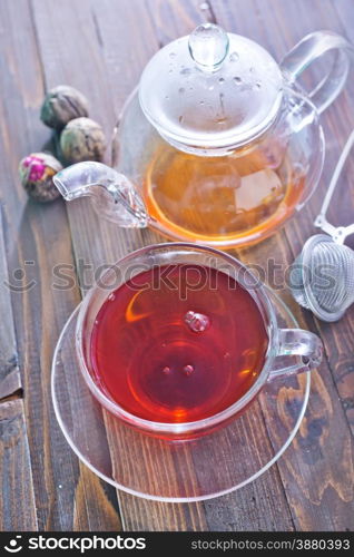 tea in glass cup on the wooden table