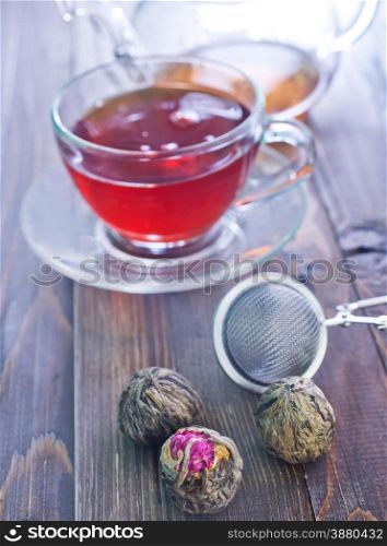 tea in glass cup on the wooden table