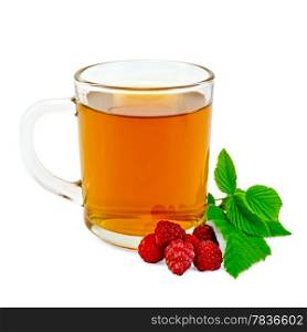 Tea in glass mug with raspberry and green leaf isolated on white background