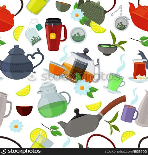 Tea kettles and cups. Vector seamless pattern tea cup and kettle, teapot and mug illustration. Tea kettles and cups. Vector seamless pattern