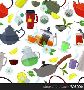 Tea kettles and cups. Vector seamless pattern tea cup and kettle, teapot and mug illustration. Tea kettles and cups. Vector seamless pattern