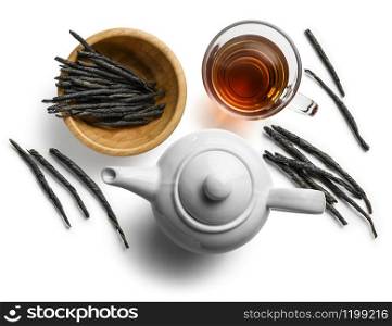 Tea Kuding on a white background. The view from the top.. Tea Kuding on a white background. The view from the top