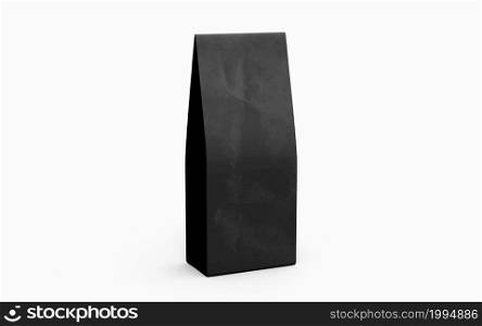 Tea or coffee black paper packaging bag isolated on white background. 3d rendering.