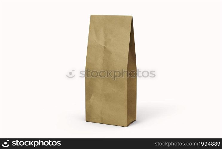 Tea or coffee brown paper packaging bag isolated on white background. 3d rendering.