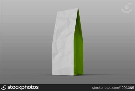 Tea or coffee paper packaging bag with green on side isolated on white background. 3d rendering.