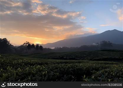 tea plantation at sunset, with mountains and clouds in the background, created with generative ai. tea plantation at sunset, with mountains and clouds in the background