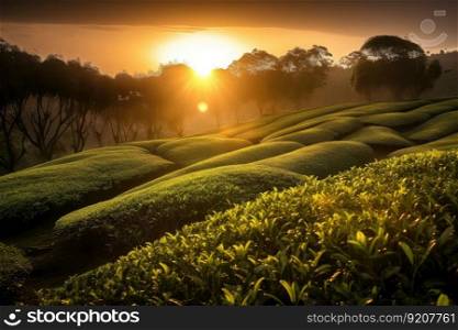 tea plantation sunset, with the sun setting over rows of tea plants, created with generative ai. tea plantation sunset, with the sun setting over rows of tea plants