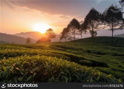 tea plantation sunset, with view of the mountains in the distance, created with generative ai. tea plantation sunset, with view of the mountains in the distance