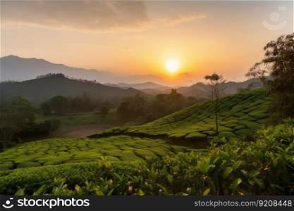 tea plantation sunset, with view of the mountains in the distance, created with generative ai. tea plantation sunset, with view of the mountains in the distance