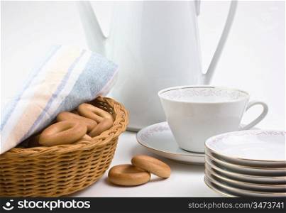 tea set and bagels on a plate