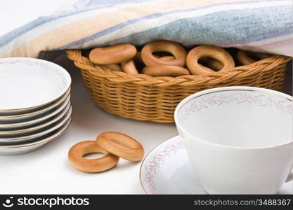 tea set and bagels on a plate