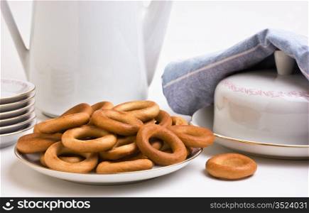tea set and bagels on a plate