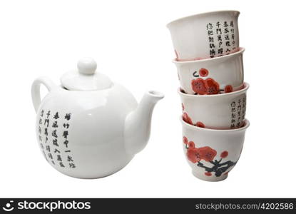 Tea-things in asian style with hieroglyphics. Isolated on white.