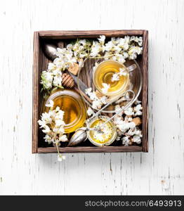 Tea with acacia flavor. Healing herbal tea with honey from acacia flowers.Herbal tea